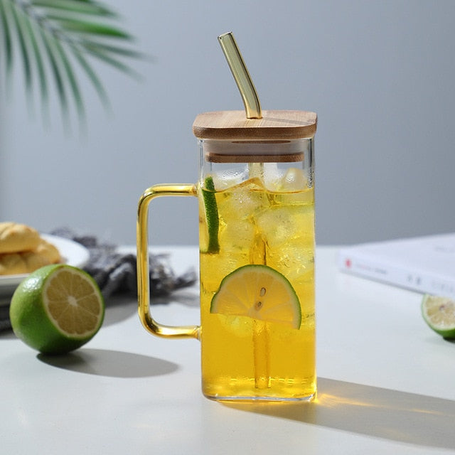 Square Glass Mug With Lid and Straw 400 ml